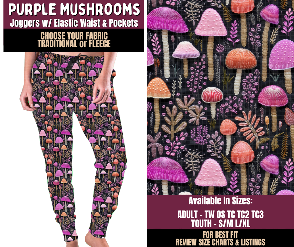 Preorder! Closes 11/11. ETA Feb. Purple Mushrooms Joggers Choose Fleece or Traditional