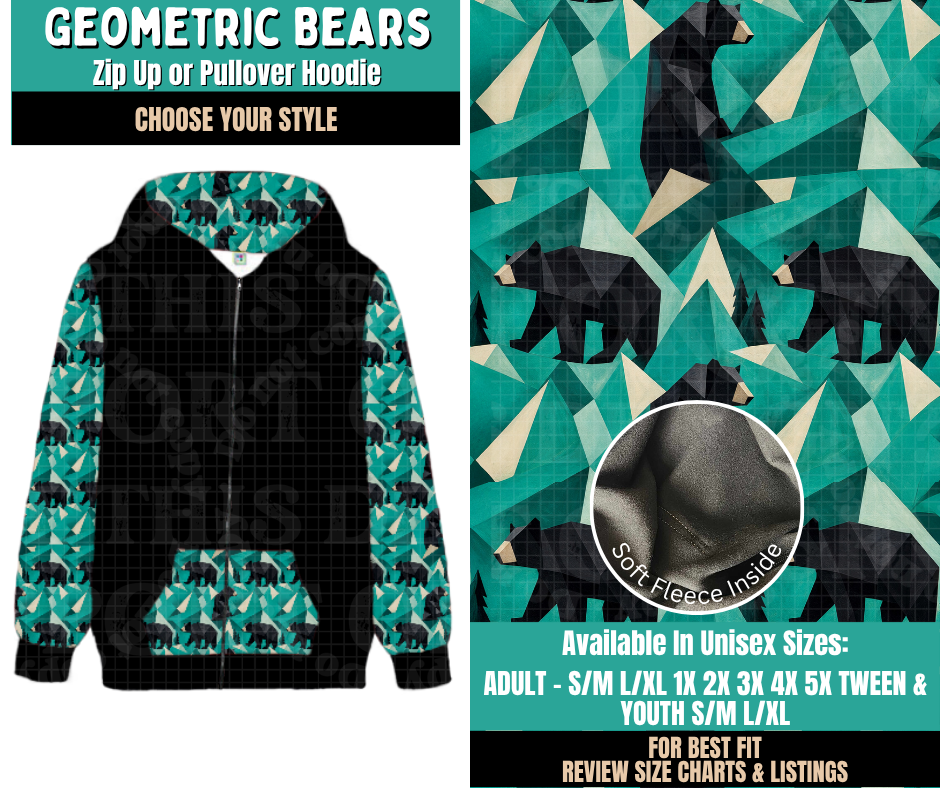 Preorder! Closes 11/12. ETA Feb. Geometric Bears Zip-Up or Pullover Hoodie