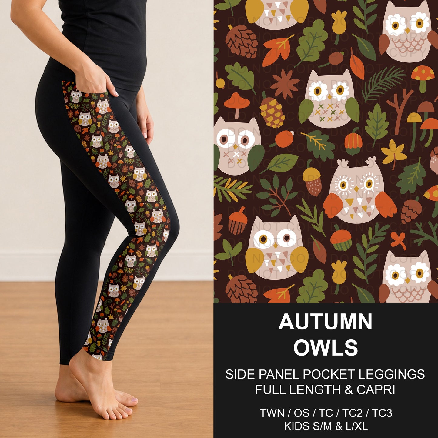 B308 - Preorder Autumn Owls Side Panel Pocket Leggings (Closes 8/16. ETA: late Oct.)