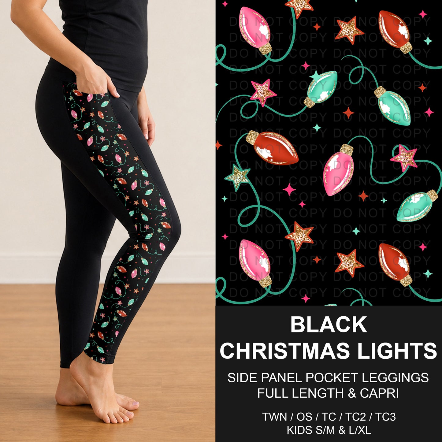 B303 - Preorder Black Christmas Lights Side Panel Pocket Leggings (Closes 7/26. ETA: early Oct.)