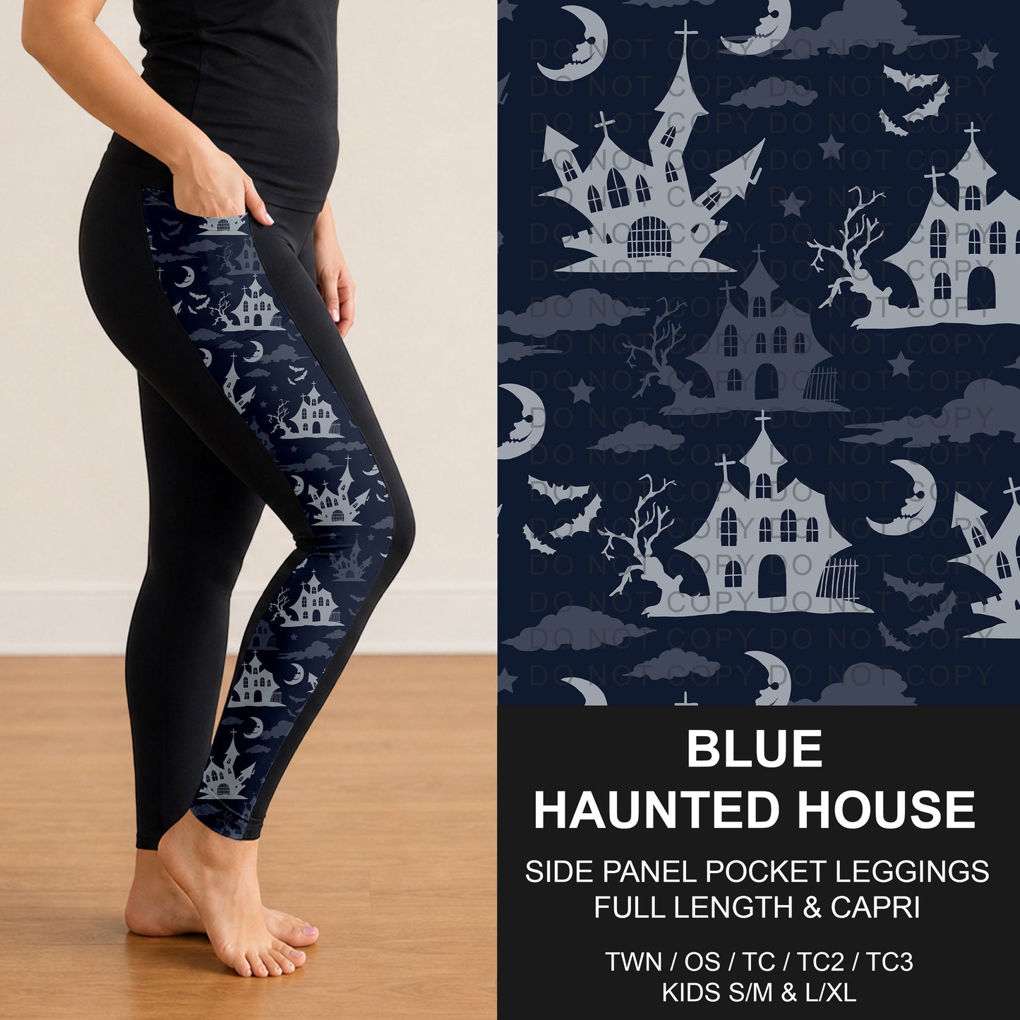 B305 - Preorder Blue Haunted House Side Panel Pocket Leggings (Closes 8/02. ETA: early Oct.)