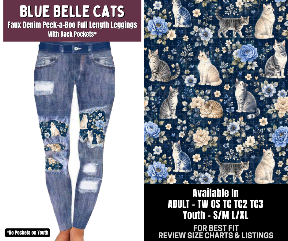 Preorder! Closes 9/14. ETA Dec. Blue Belle Cats Full Length Faux Denim Peekaboo