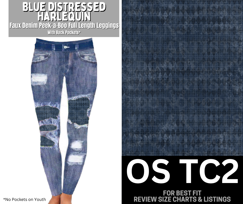 Blue Distressed Harlequin Faux Denim Full Length Peekaboo Leggings