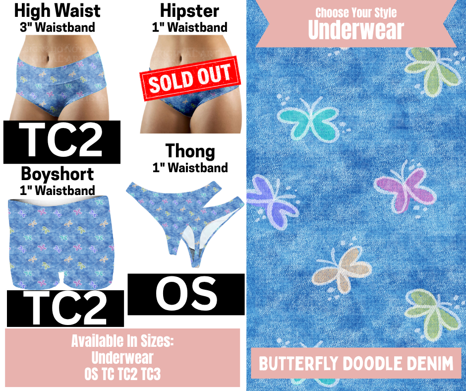 Butterfly Doodle Denim High Waist, Boyshort, & Thong Underwear