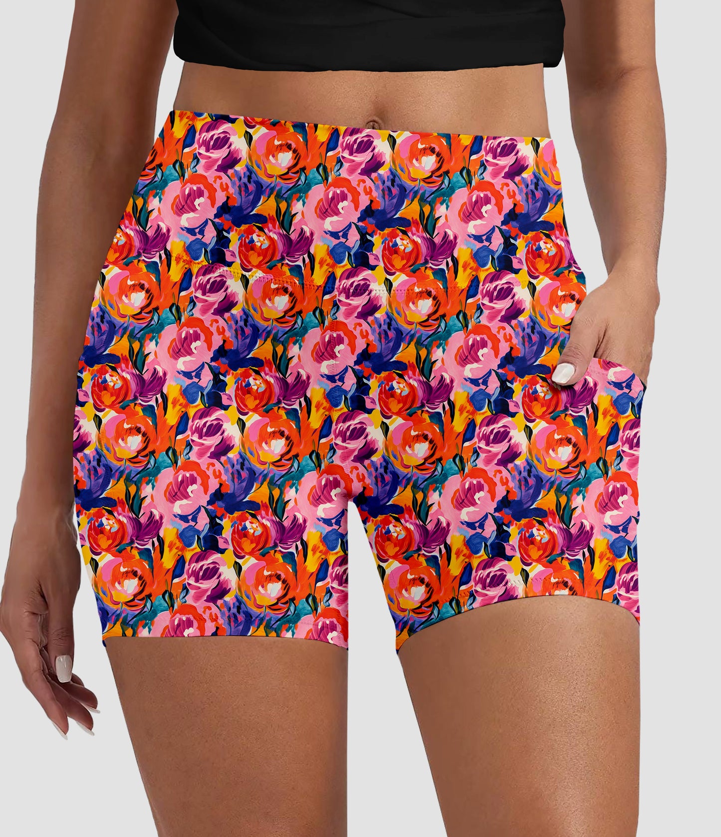 RTS - Colorful Abstract Flowers Biker Shorts w/ Pockets