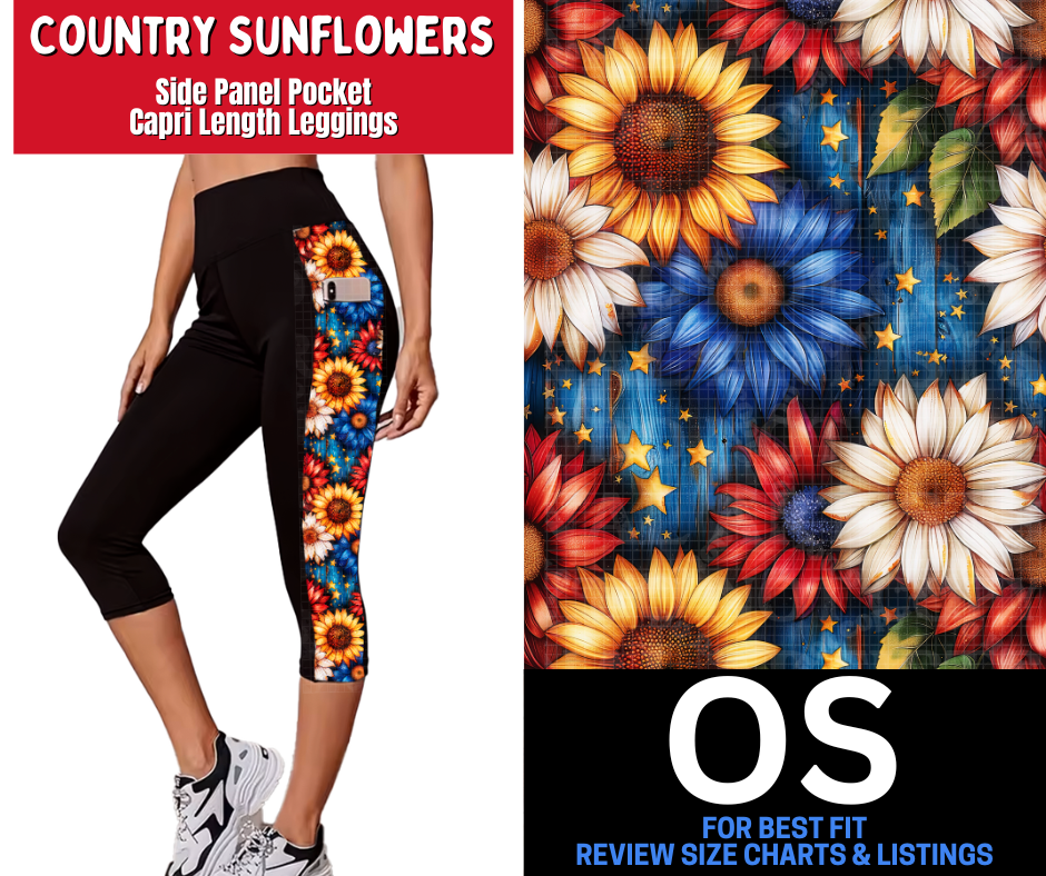 Country Sunflowers Side Panel Pocket Capri Length Leggings