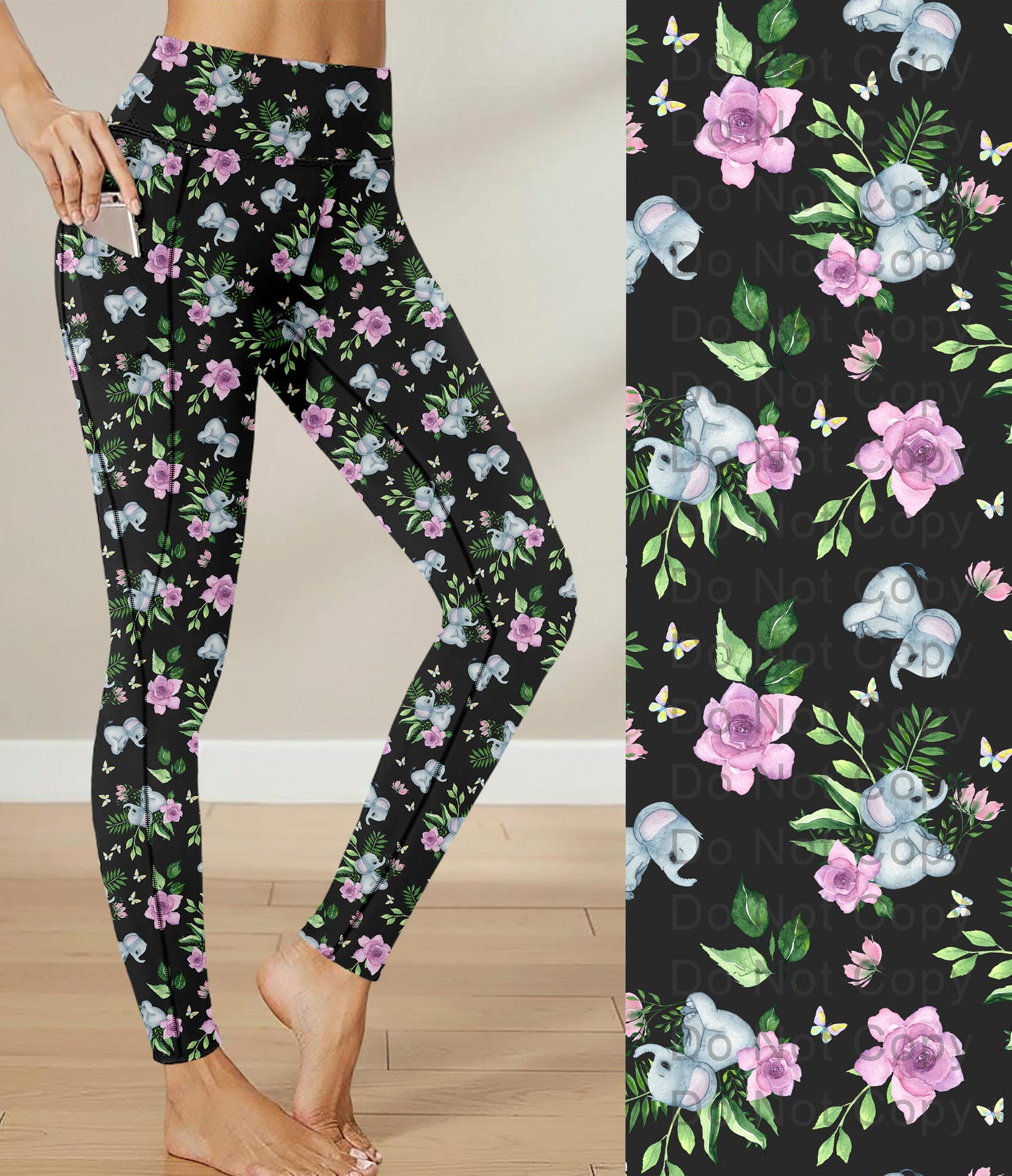 RTS - Cute Floral Elephant Leggings with Triangle Sport Pockets