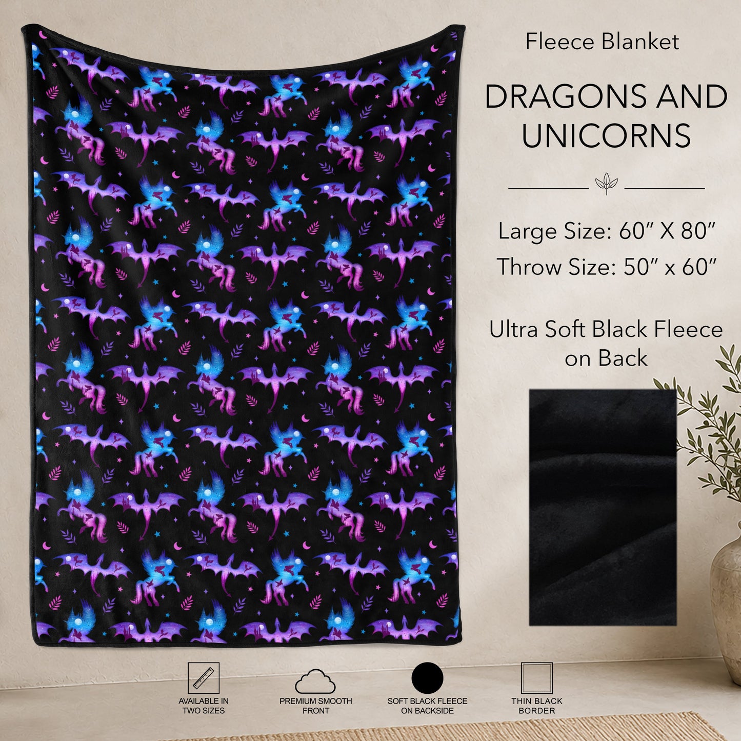 B304 - Pre-Order Dragons and Unicorns Fleece Blanket (Closes 7/31. ETA: early Oct)