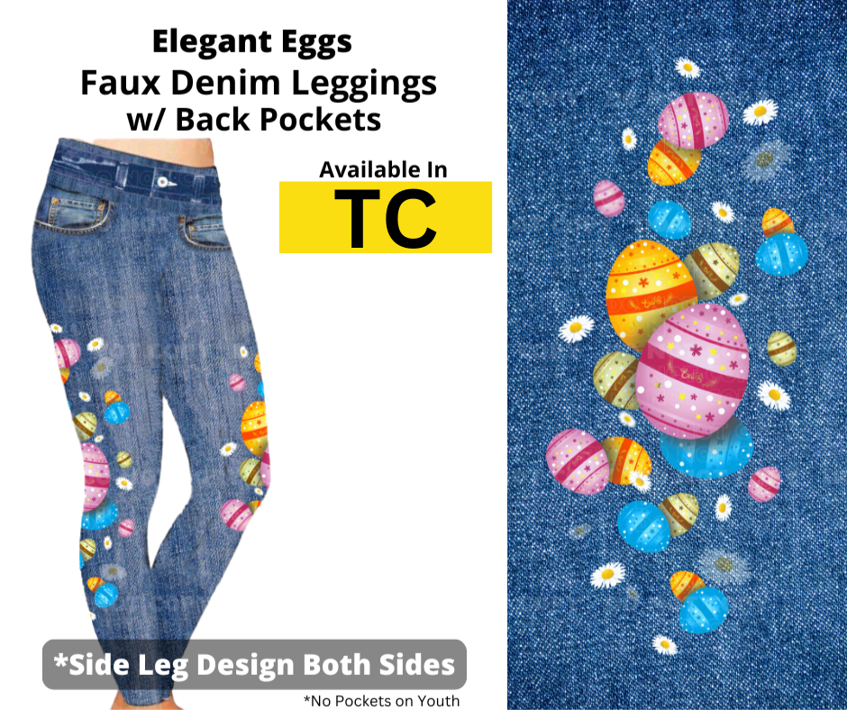Elegant Eggs Full Length Faux Denim w/ Side Leg Designs