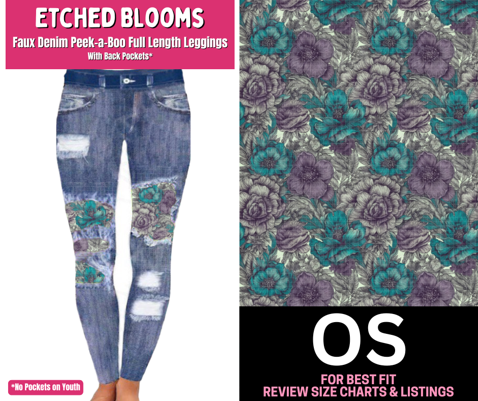 Etched Blooms Faux Denim Full Length Peekaboo Leggings