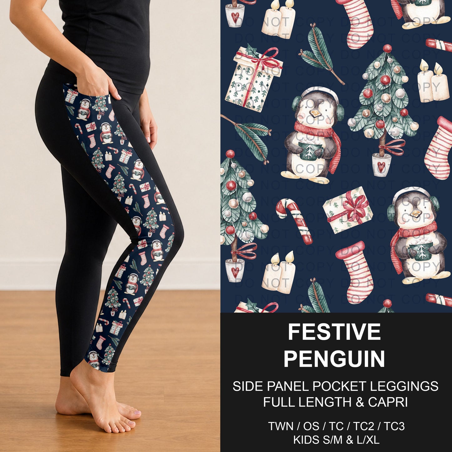 B303 - Preorder Festive Penguin Side Panel Pocket Leggings (Closes 7/26. ETA: early Oct.)