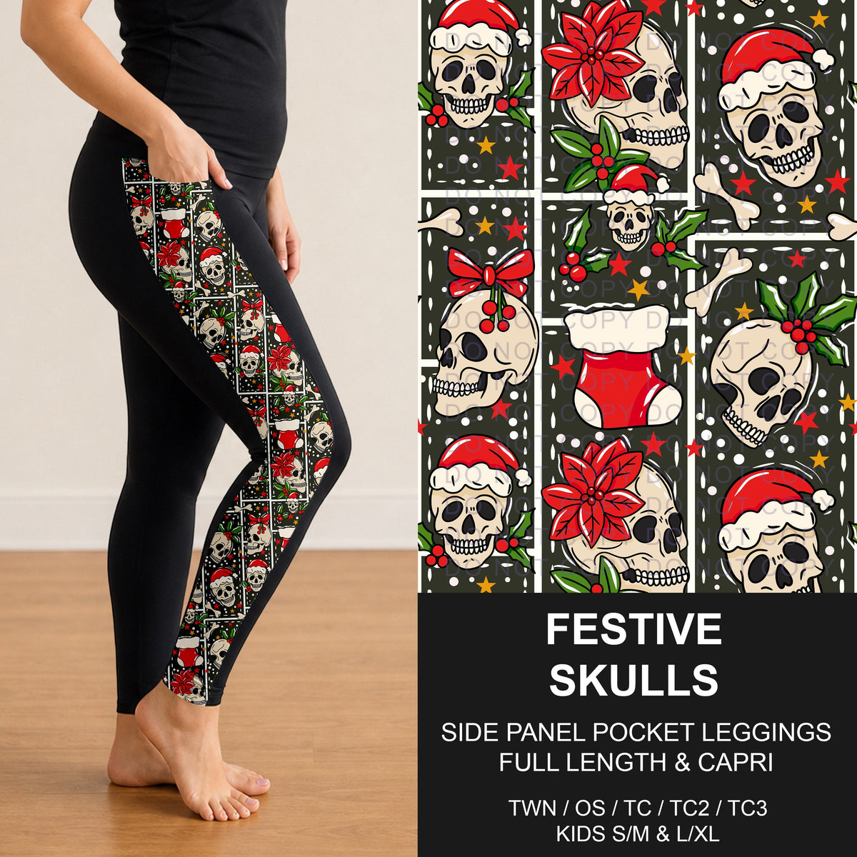 B315 - Preorder Festive Skulls Side Panel Pocket Leggings (Closes 10/04. ETA: early Dec.)