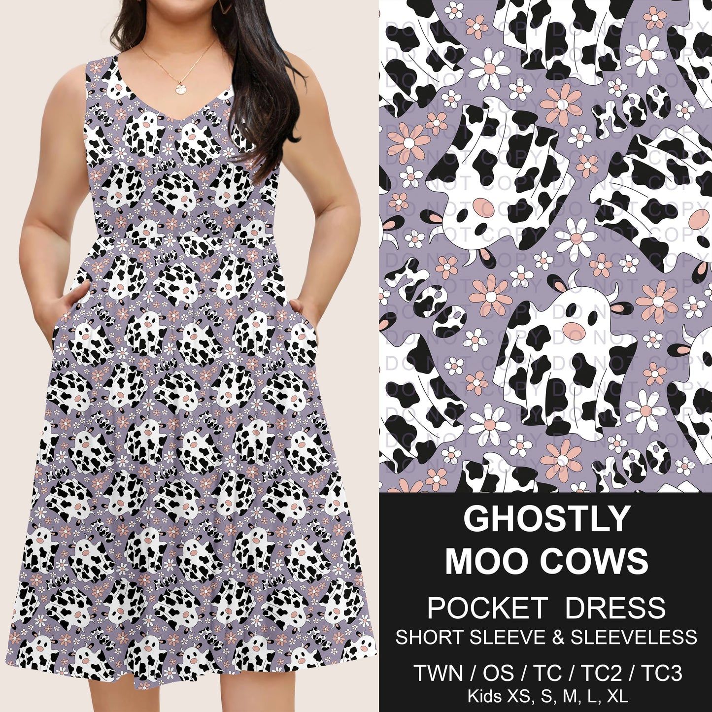 B302 - Preorder Ghostly Moo Cows Pocket Dress (Closes 7/24. ETA: early Oct)