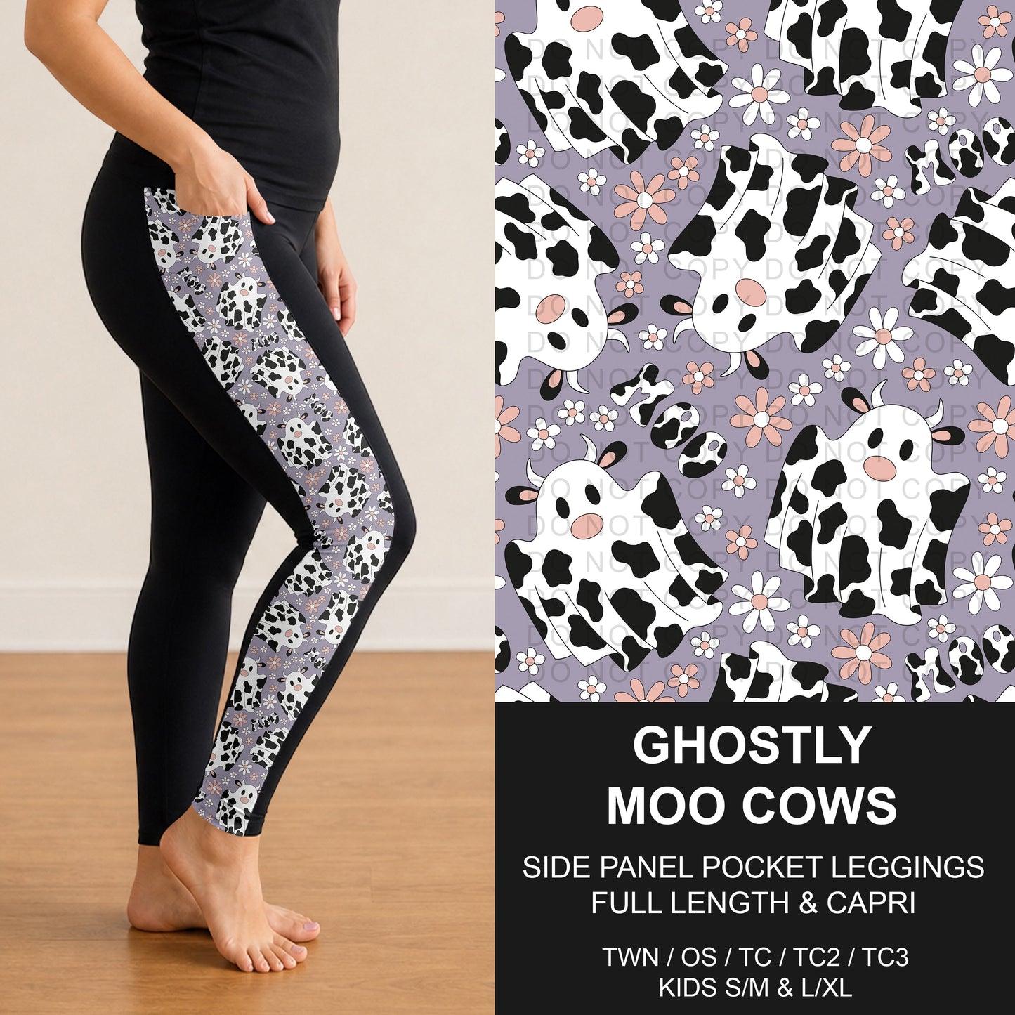 B307 - Preorder Ghostly Moo Cows Side Panel Pocket Leggings (Closes 8/02. ETA: early Oct.)