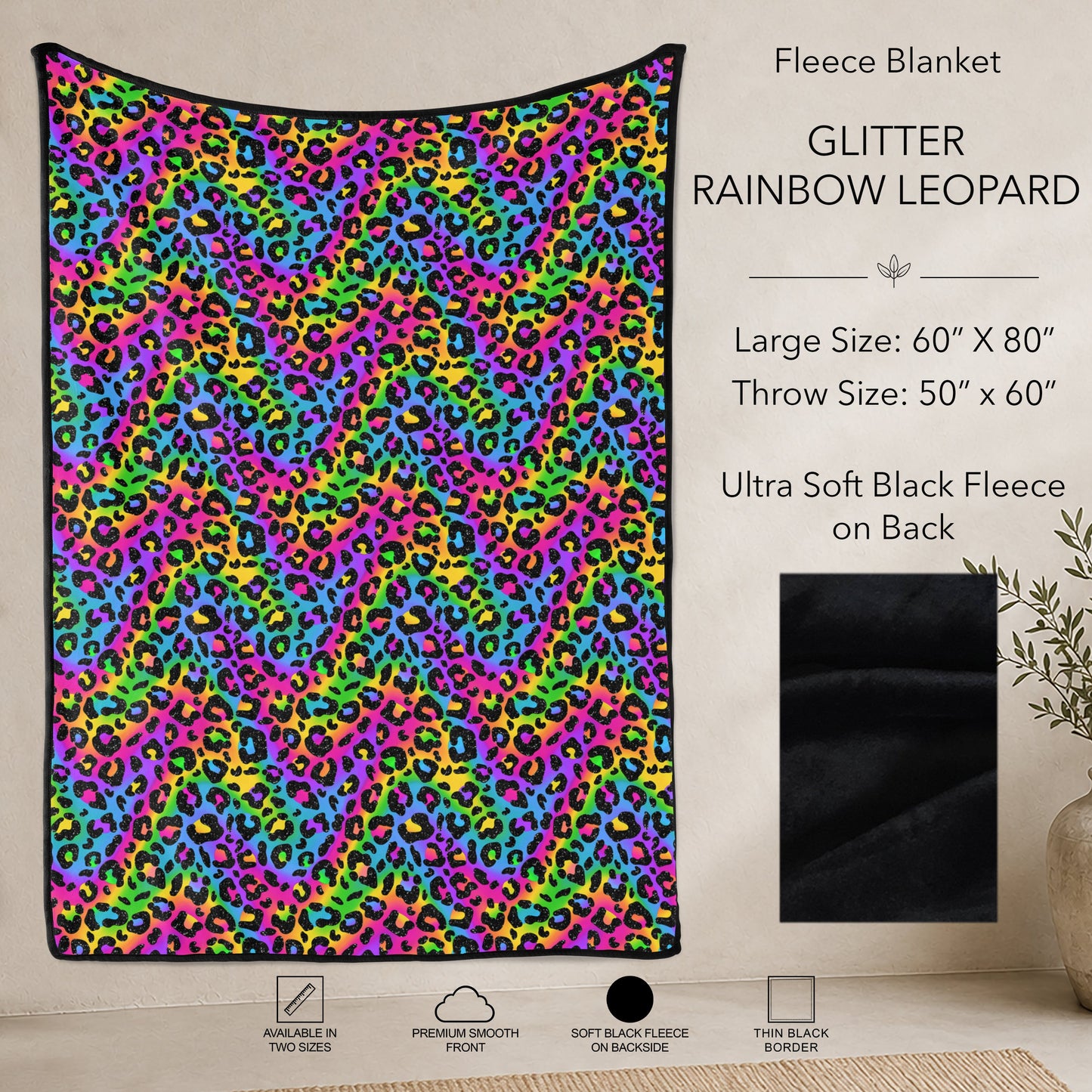 B304 - Pre-Order Glitter Rainbow Leopard Fleece Blanket (Closes 7/31. ETA: early Oct)
