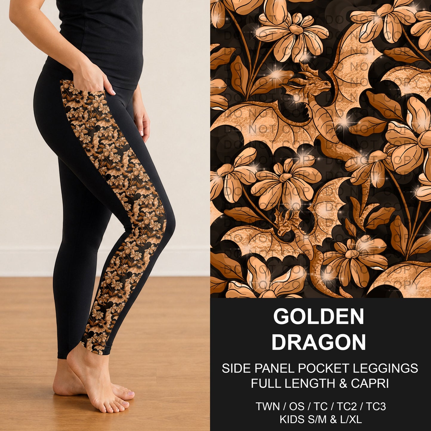 B300 - Preorder Golden Dragon Side Panel Pocket Leggings (Closes 7/15. ETA: mid Sept.)