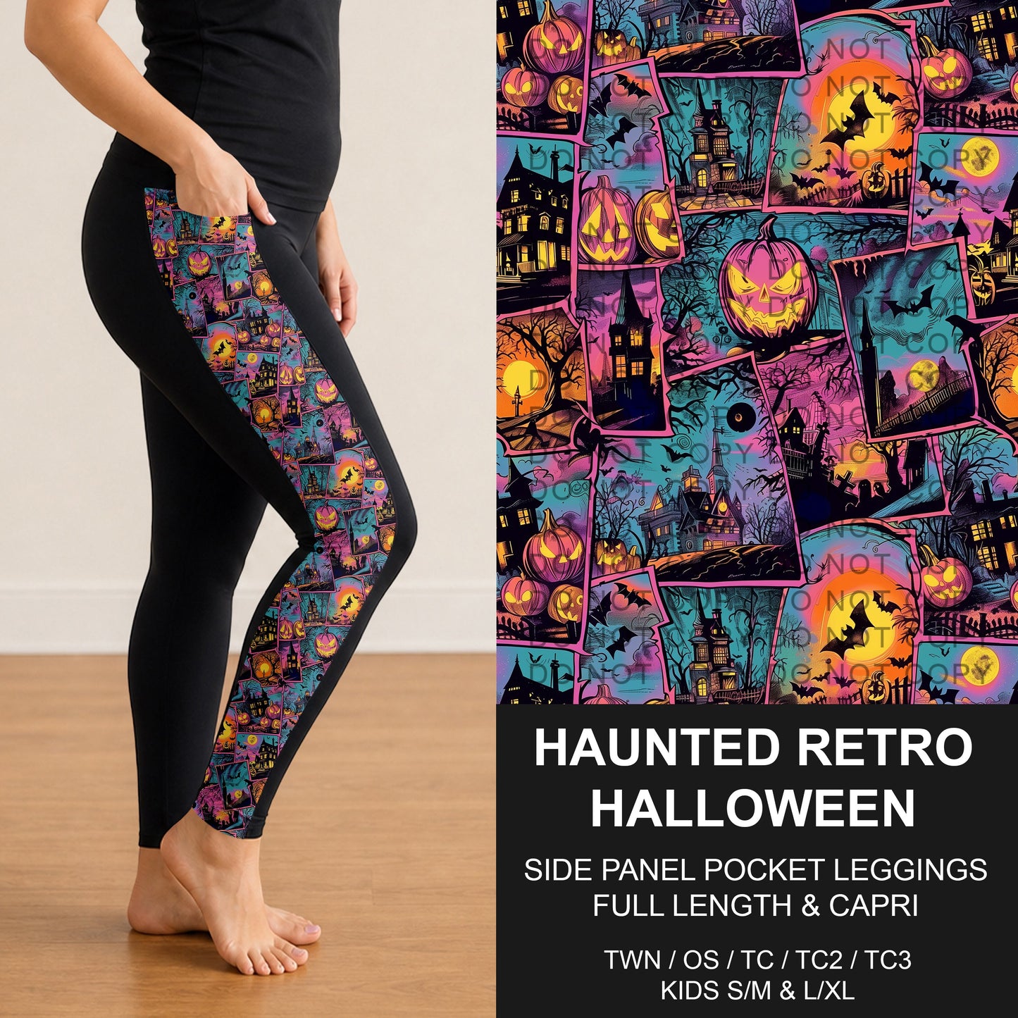 B305 - Preorder Haunted Retro Halloween Side Panel Pocket Leggings (Closes 8/02. ETA: early Oct.)