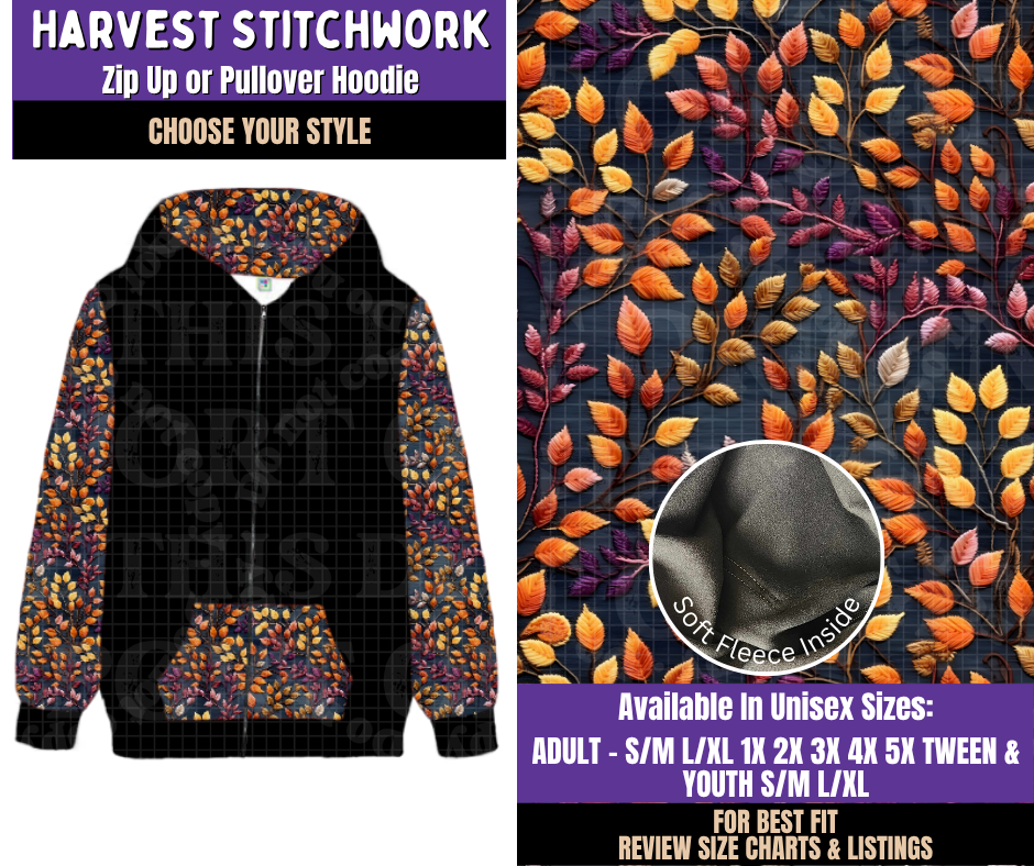 Preorder! Closes 8/5. ETA Nov. Harvest Stitchwork Zip-Up or Pullover Hoodie