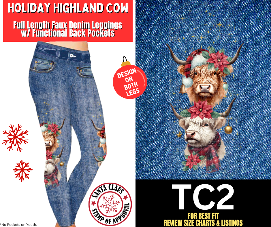 Holiday Highland Cow Faux Denim Fleece Leggings W/ Side Leg Designs