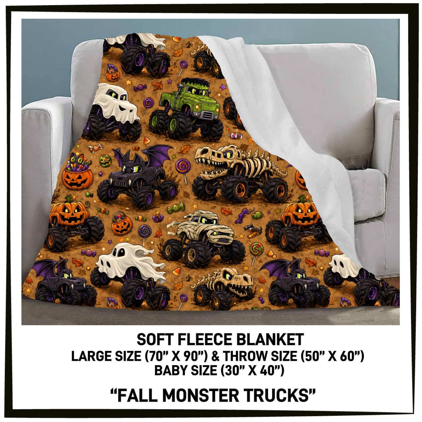 297BT - Fall Monster Trucks Fleece Blanket - Preorder Closing 7/26 ETA: Late Sept