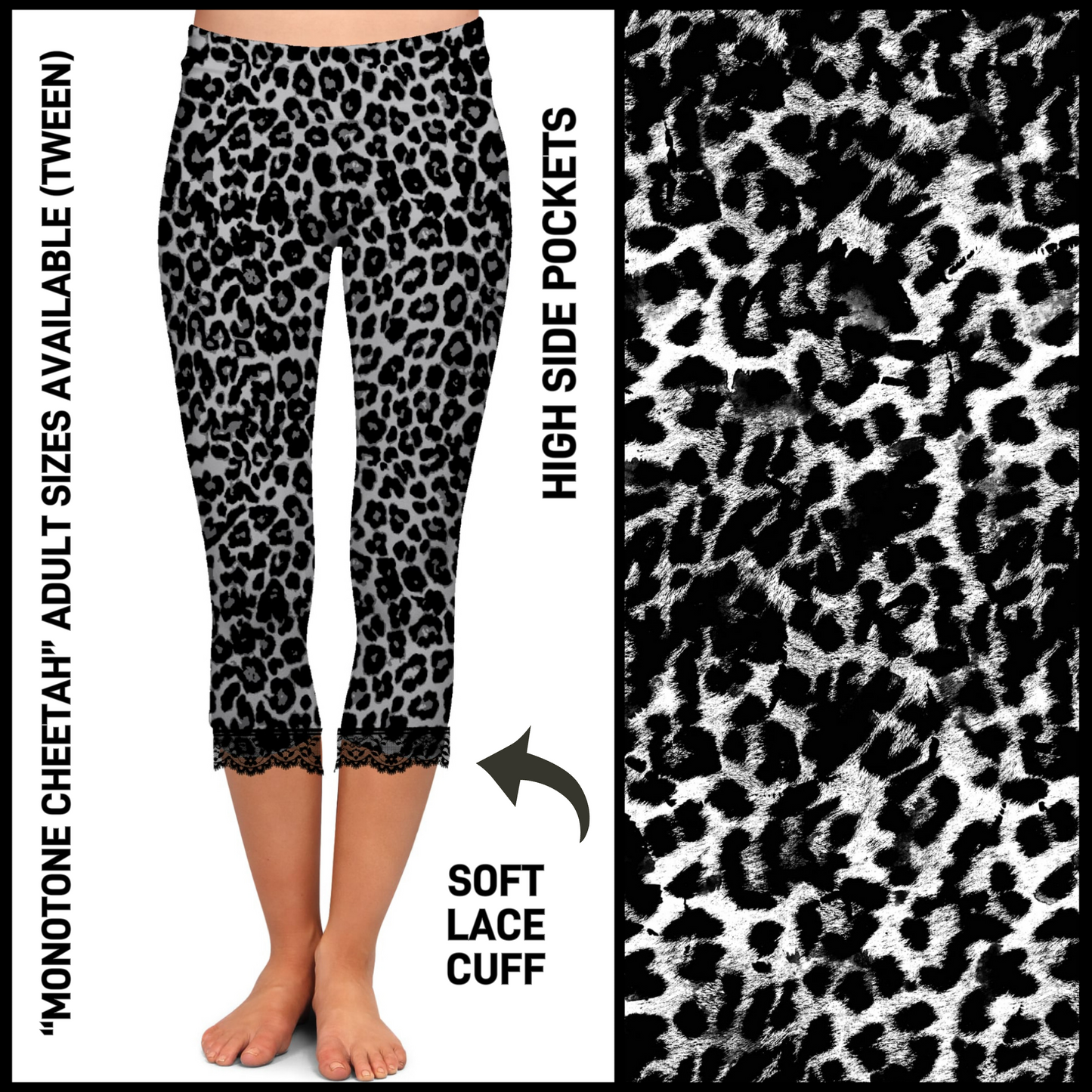 LC2C - Monotone Cheetah Lace Cuff Capris with Pockets - Preorder Closing 4/21 ETA: Mid-June