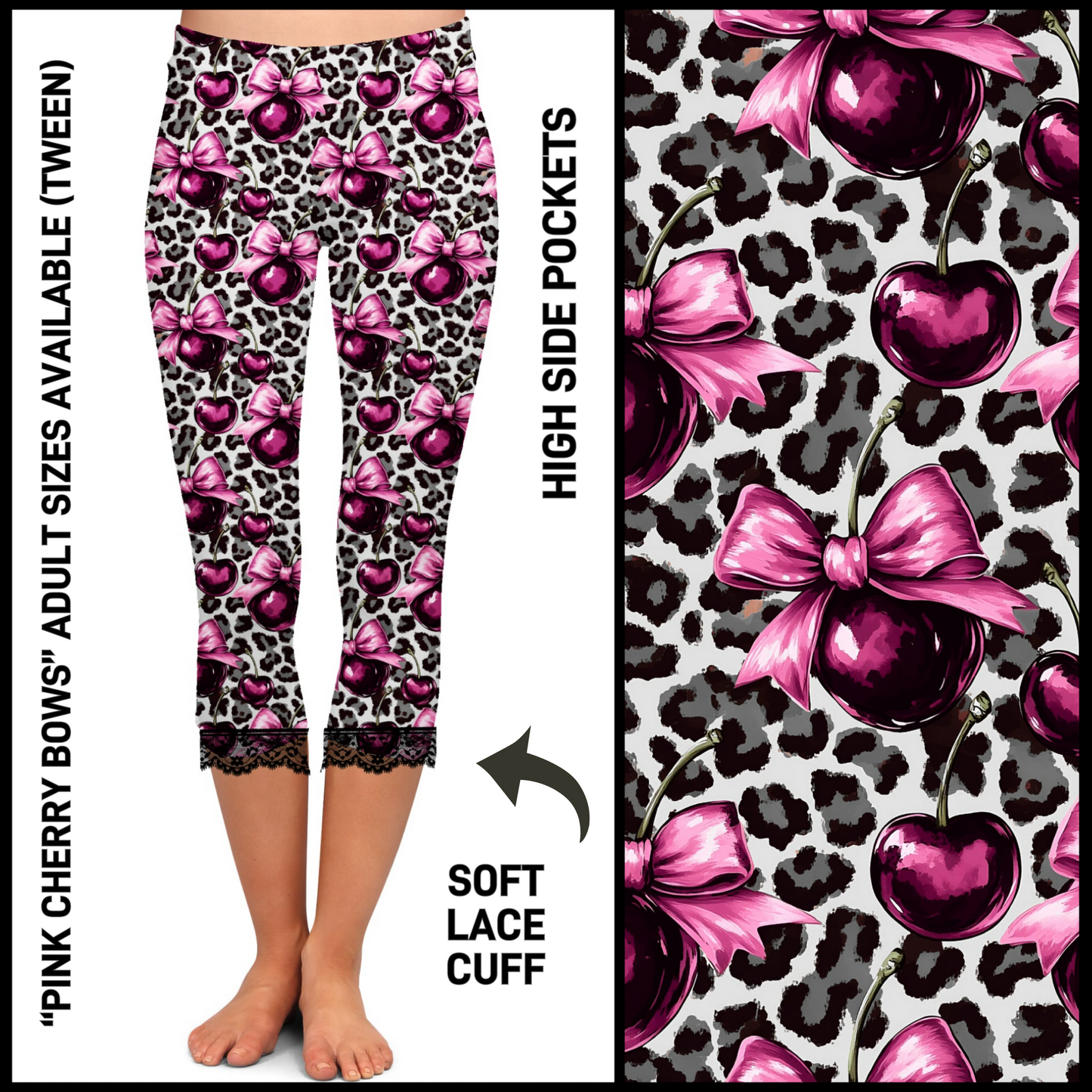 LC2C - Pink Cherry Bows Lace Cuff Capris with Pockets - Preorder Closing 4/21 ETA: Mid-June