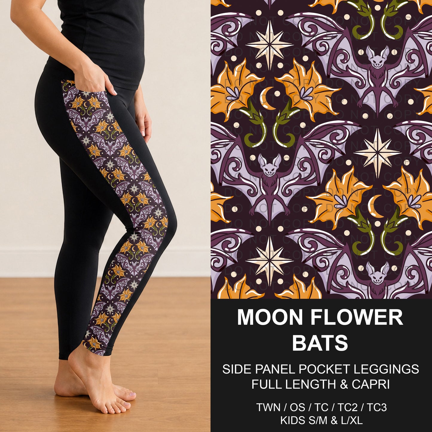 B307 - Preorder Moon Flower Bats Side Panel Pocket Leggings (Closes 8/02. ETA: early Oct.)