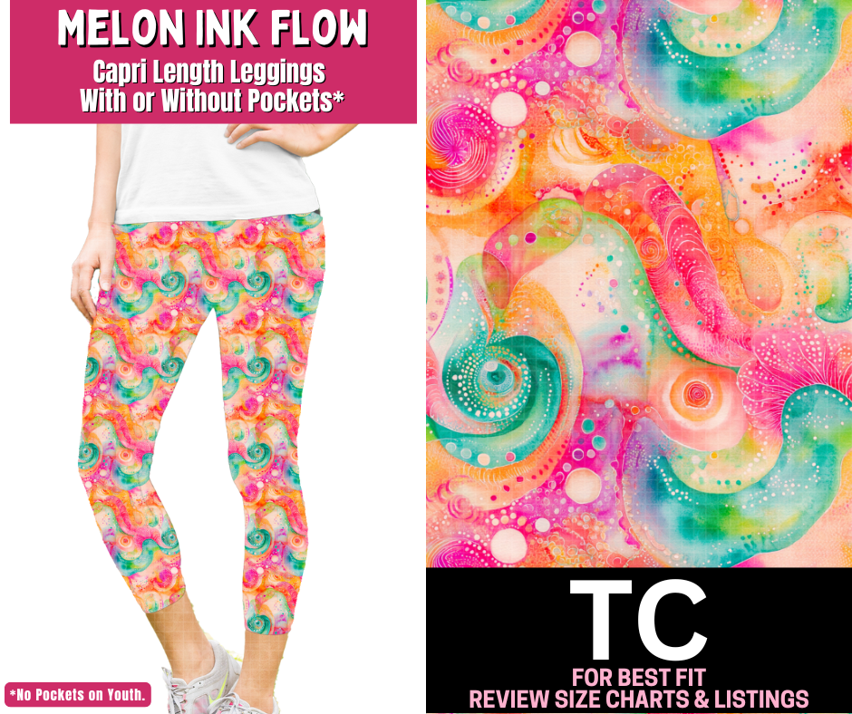 Melon Ink Flow Capri Length Leggings w/ Pockets