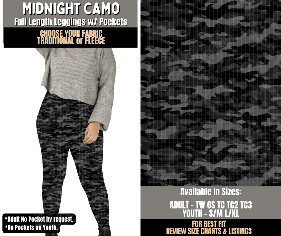 Preorder! Closes 10/28. ETA Jan. Midnight Camo Leggings Choose Fleece or Traditional