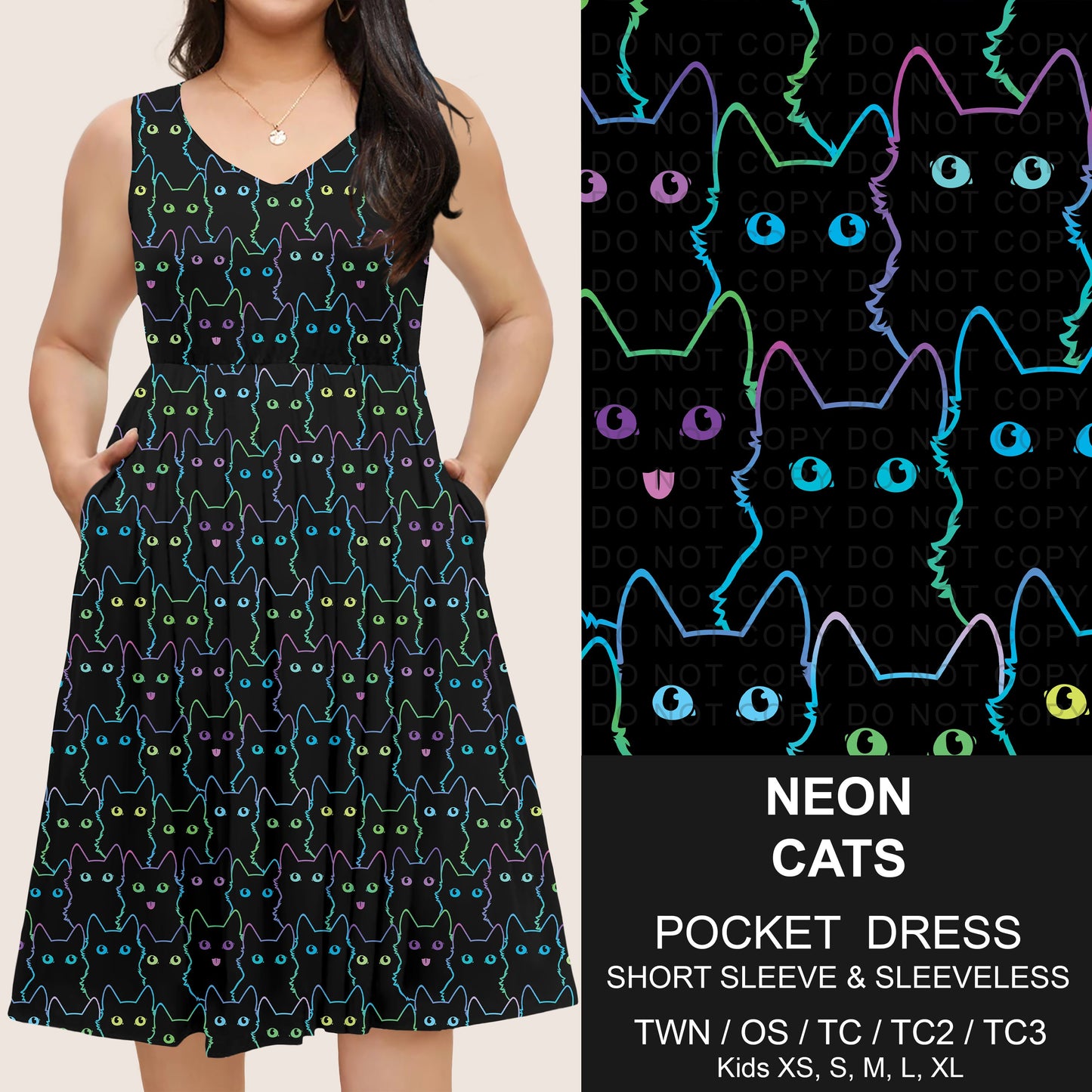B302 - Preorder Neon Cats Pocket Dress (Closes 7/24. ETA: early Oct)