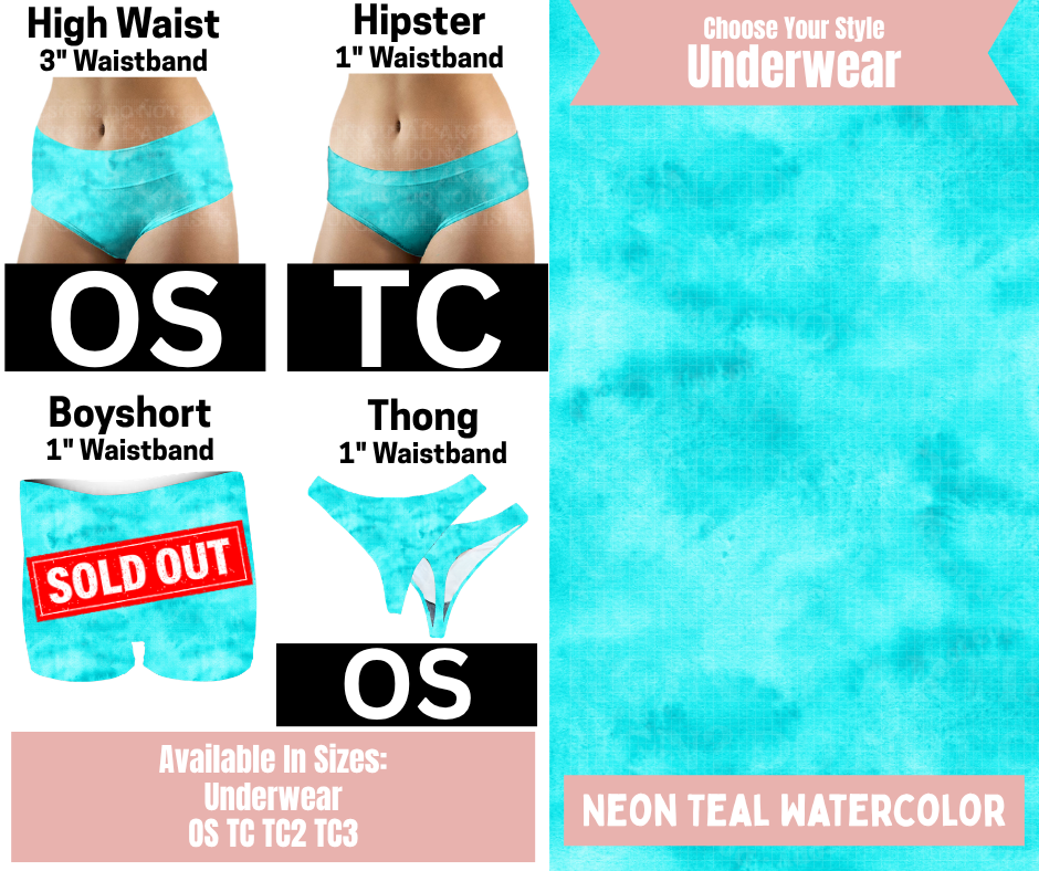 Neon Teal Watercolor Hipster, High Waist, Thong Underwear