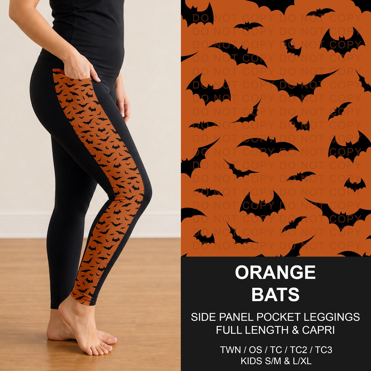 B305 - Preorder Orange Bats Side Panel Pocket Leggings (Closes 8/02. ETA: early Oct.)