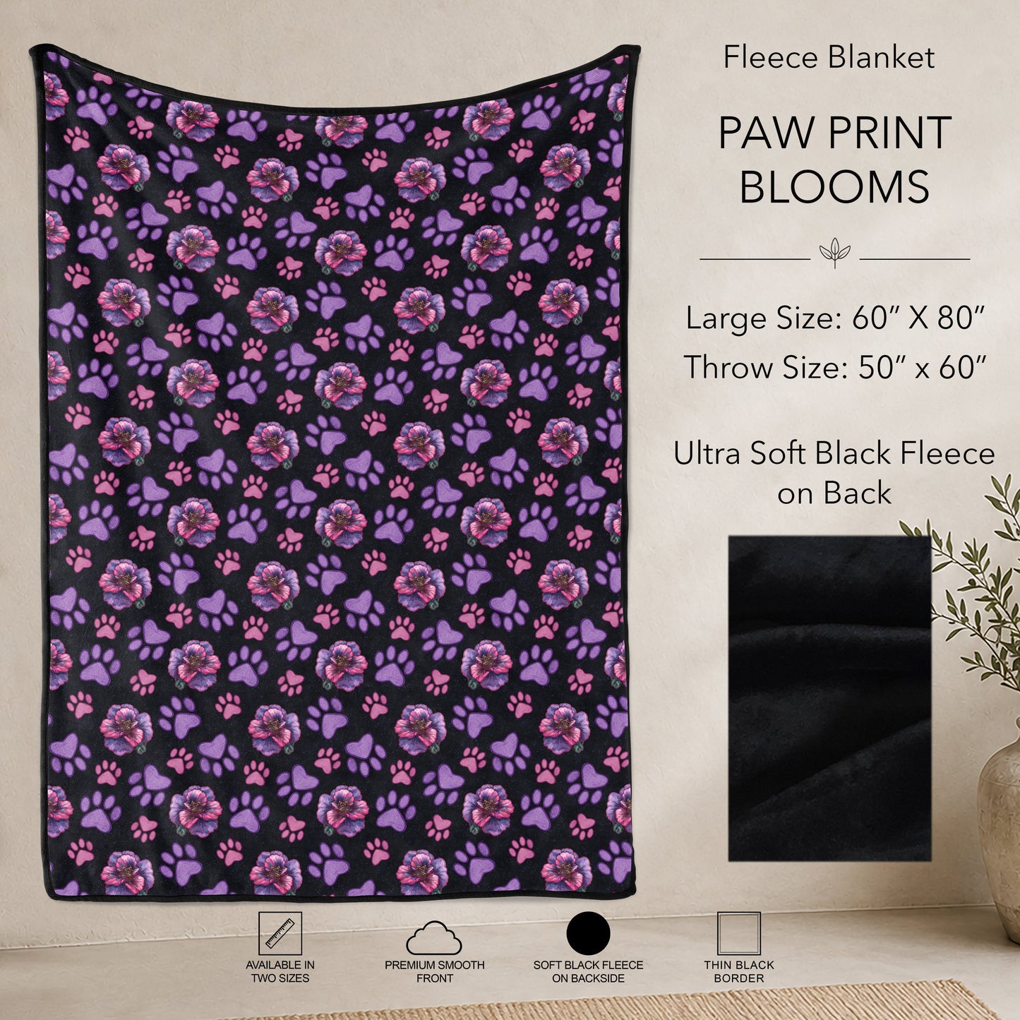 B304 - Pre-Order Paw Print Blooms Fleece Blanket (Closes 7/31. ETA: early Oct)