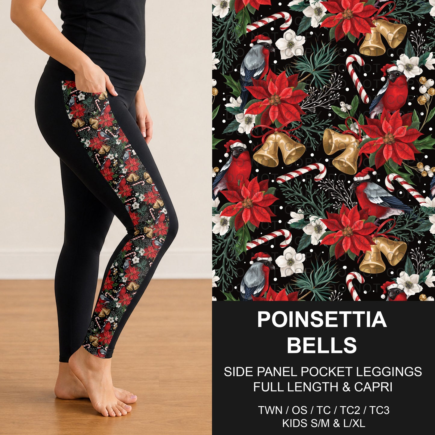 B312 - Preorder Poinsettia Bells Side Panel Pocket Leggings (Closes 9/13. ETA: mid Nov.)