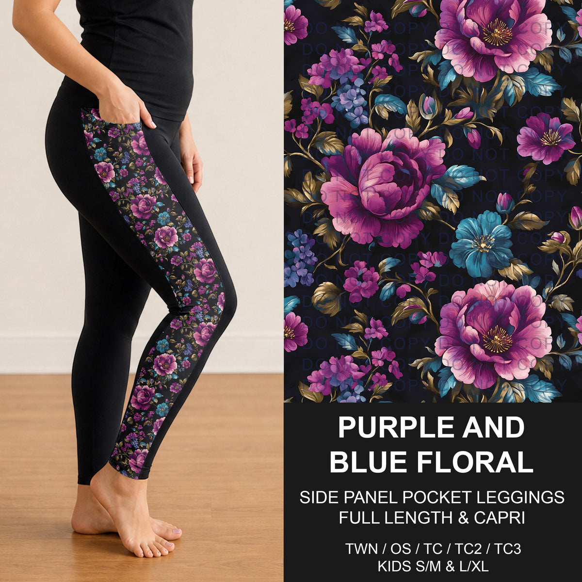 B314 - Preorder Purple and Blue Floral Side Panel Pocket Leggings (Closes 9/27. ETA: late Nov.)