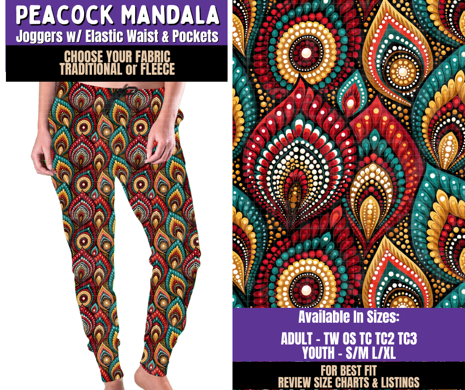 Preorder! Closes 8/5. ETA Nov. Peacock Mandala Joggers Choose Fleece or Traditional