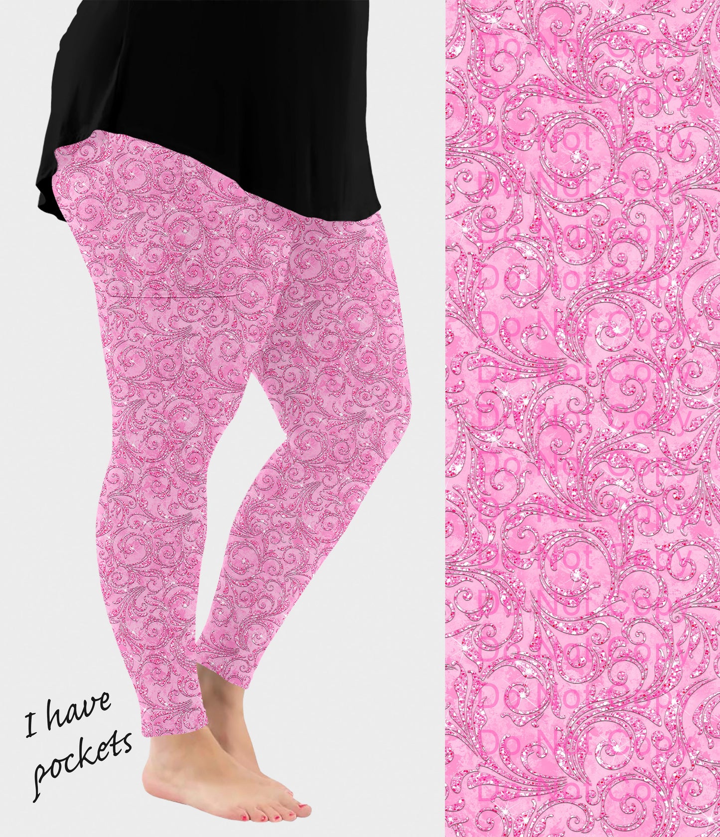 RTS - Pink Paisley Sparkle Leggings w/ Pockets