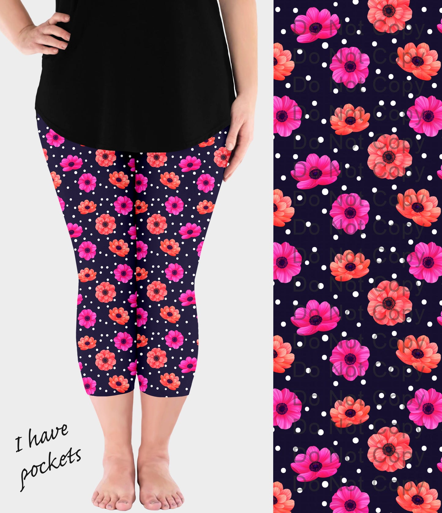 RTS - Polka Dot Poppies Capri Leggings w/ Pockets