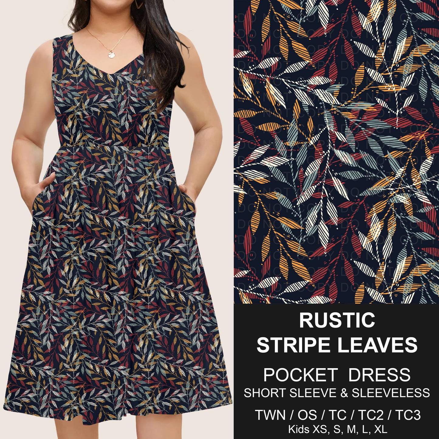 B302 - Preorder Rustic Stripe Leaves Pocket Dress (Closes 7/24. ETA: early Oct)