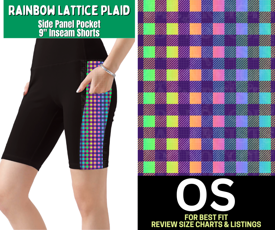 Rainbow Lattice Plaid Side Panel Pocket 9" Inseam Shorts