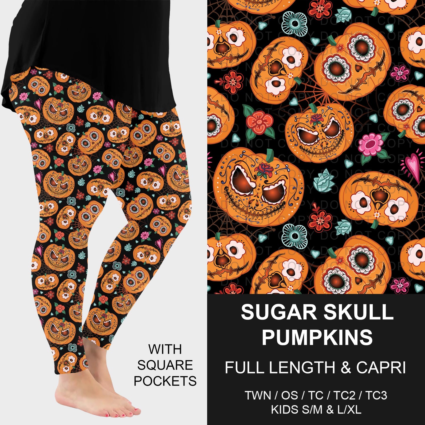 B307 - Preorder Sugar Skull Pumpkins Leggings w/ Pockets (Closes 8/02. ETA: early Oct.)