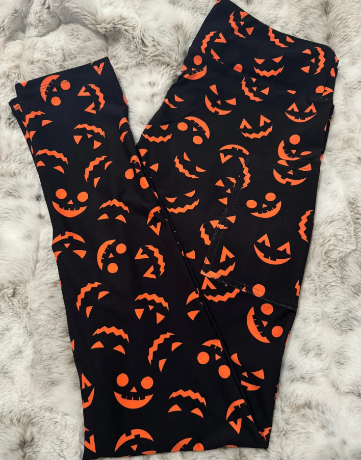 Halloween Jack O Lantern Full Length Leggings With Pockets