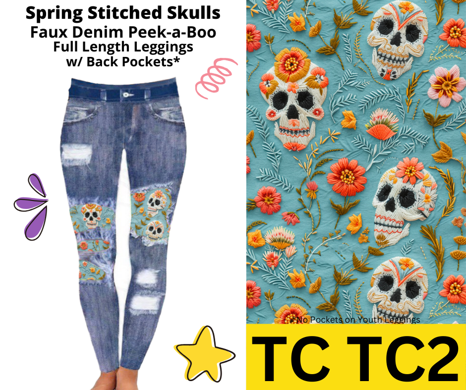 Spring Stitched Skulls Faux Denim Full Length Peekaboo Leggings