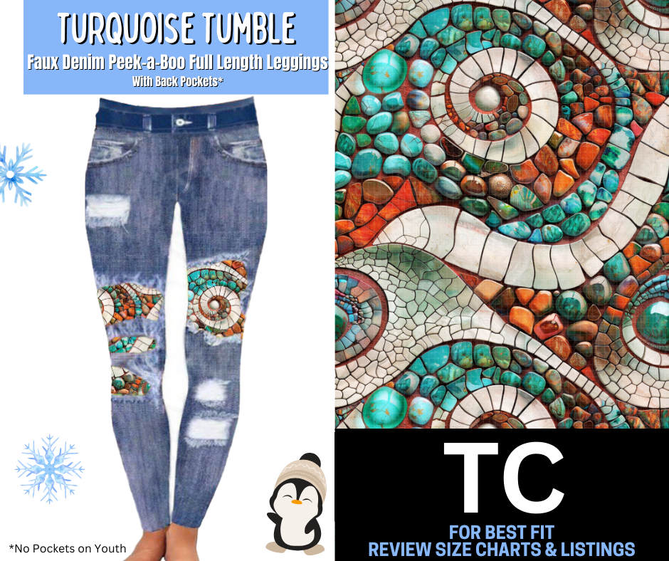 Turquoise Tumble Faux Denim Full Length Peekaboo Leggings
