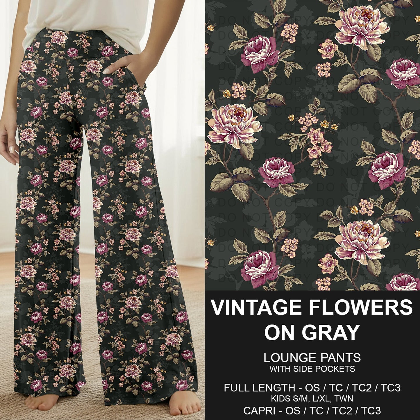 B310 - Preorder Vintage Flowers on Gray Lounge Pants (Closes 8/30. ETA: late Oct.)