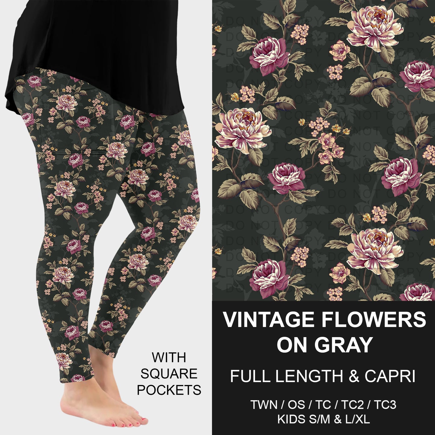 B310 - Preorder Vintage Flowers on Gray Leggings w/ Pockets (Closes 8/30. ETA: late Oct.)