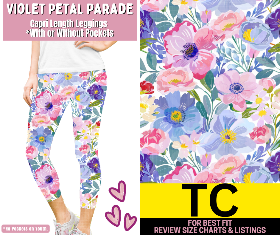 Violet Petal Parade Capri Length Leggings w/ Pockets