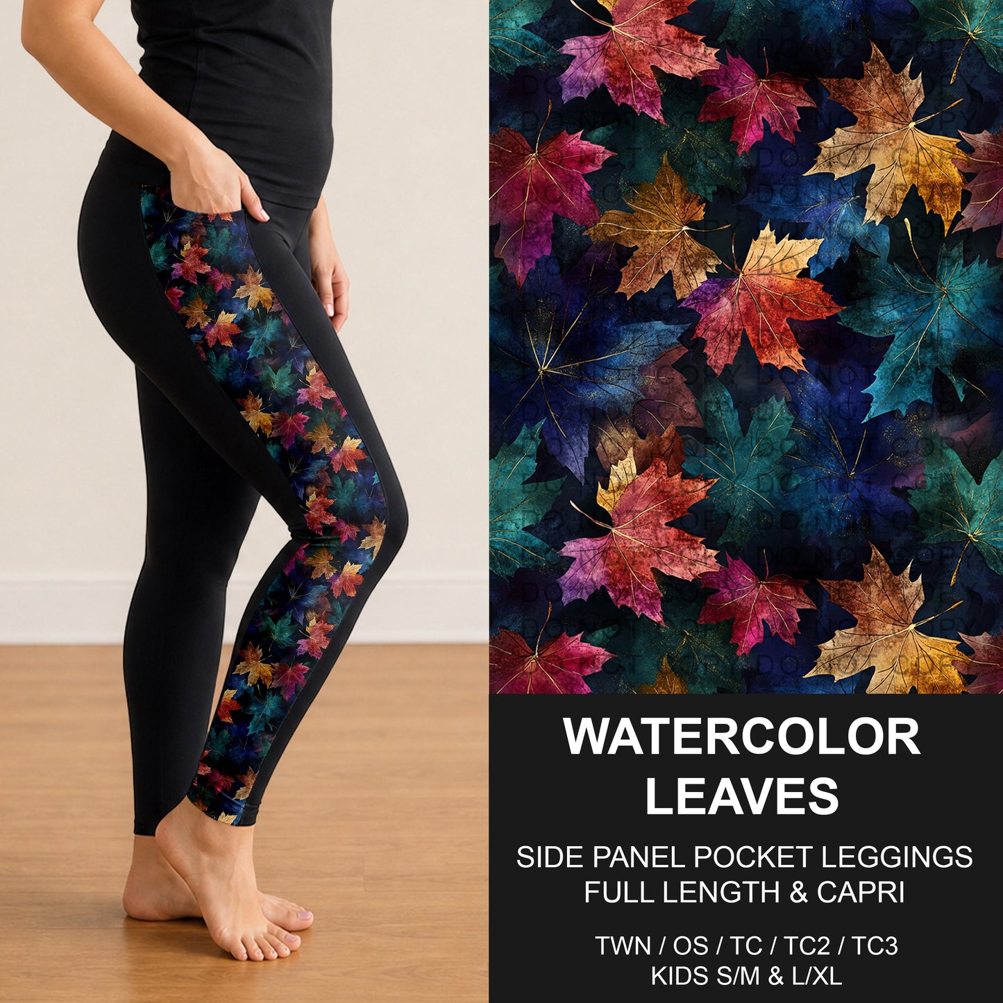 B299 - Preorder Watercolor Leaves Side Panel Pocket Leggings (Closes 7/12. ETA: mid Sept.)