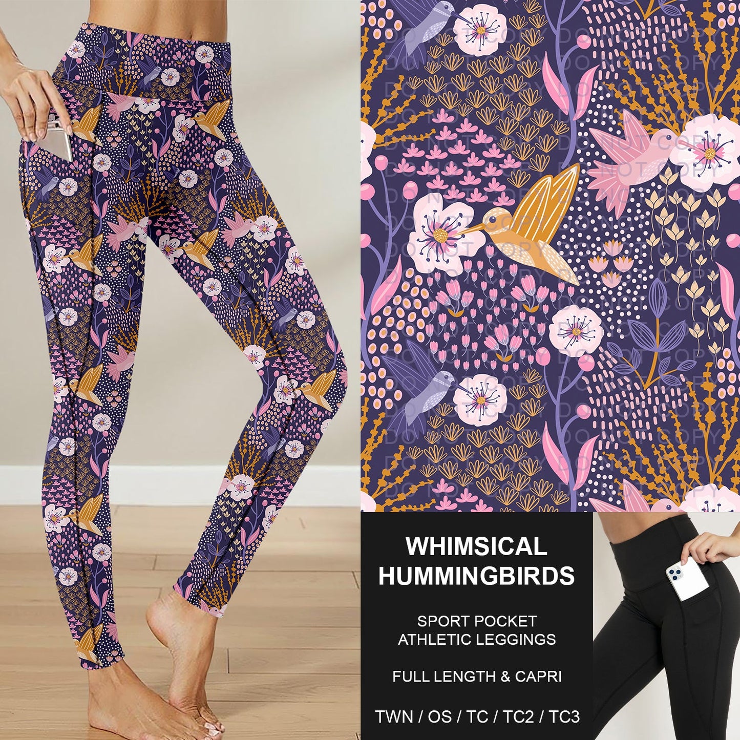 B283 - Preorder Whimsical Hummingbirds Sport Pocket Leggings (Closes 4/05. ETA: mid June)