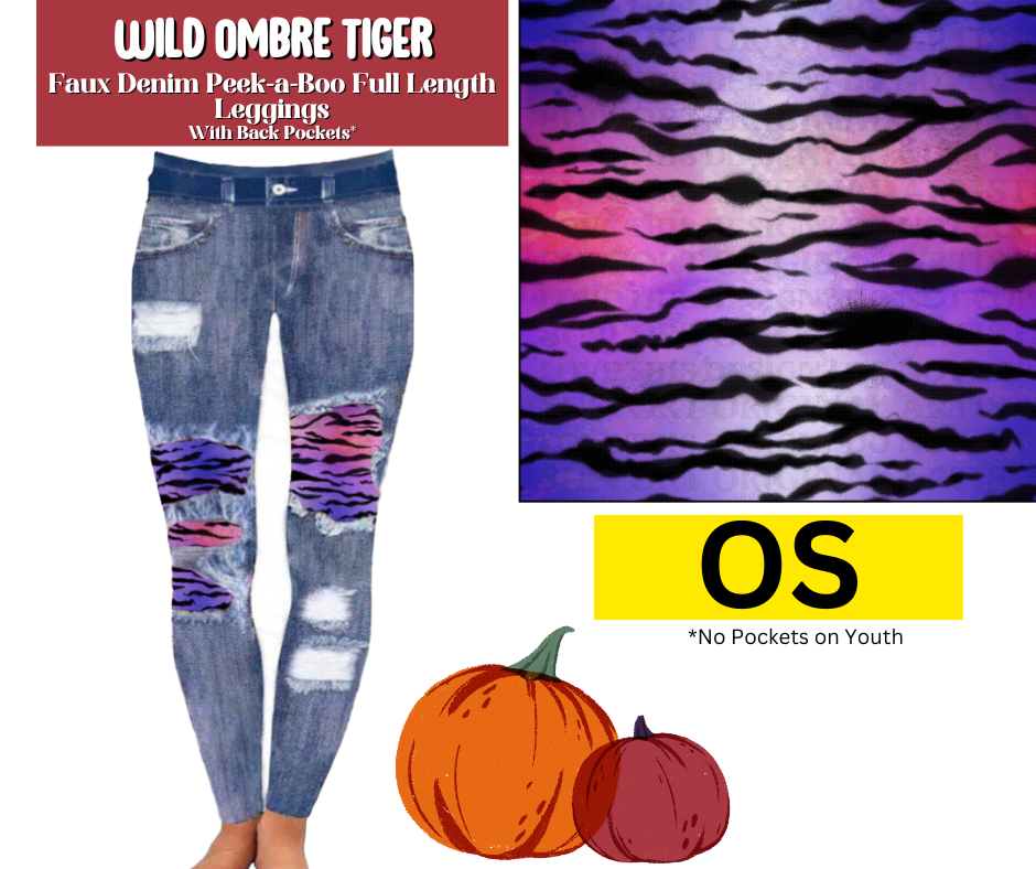 Wild Ombre Tiger Faux Denim Full Length Peekaboo Leggings